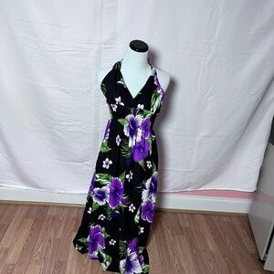 Elegant Floral Halter Dress in Black and Purple